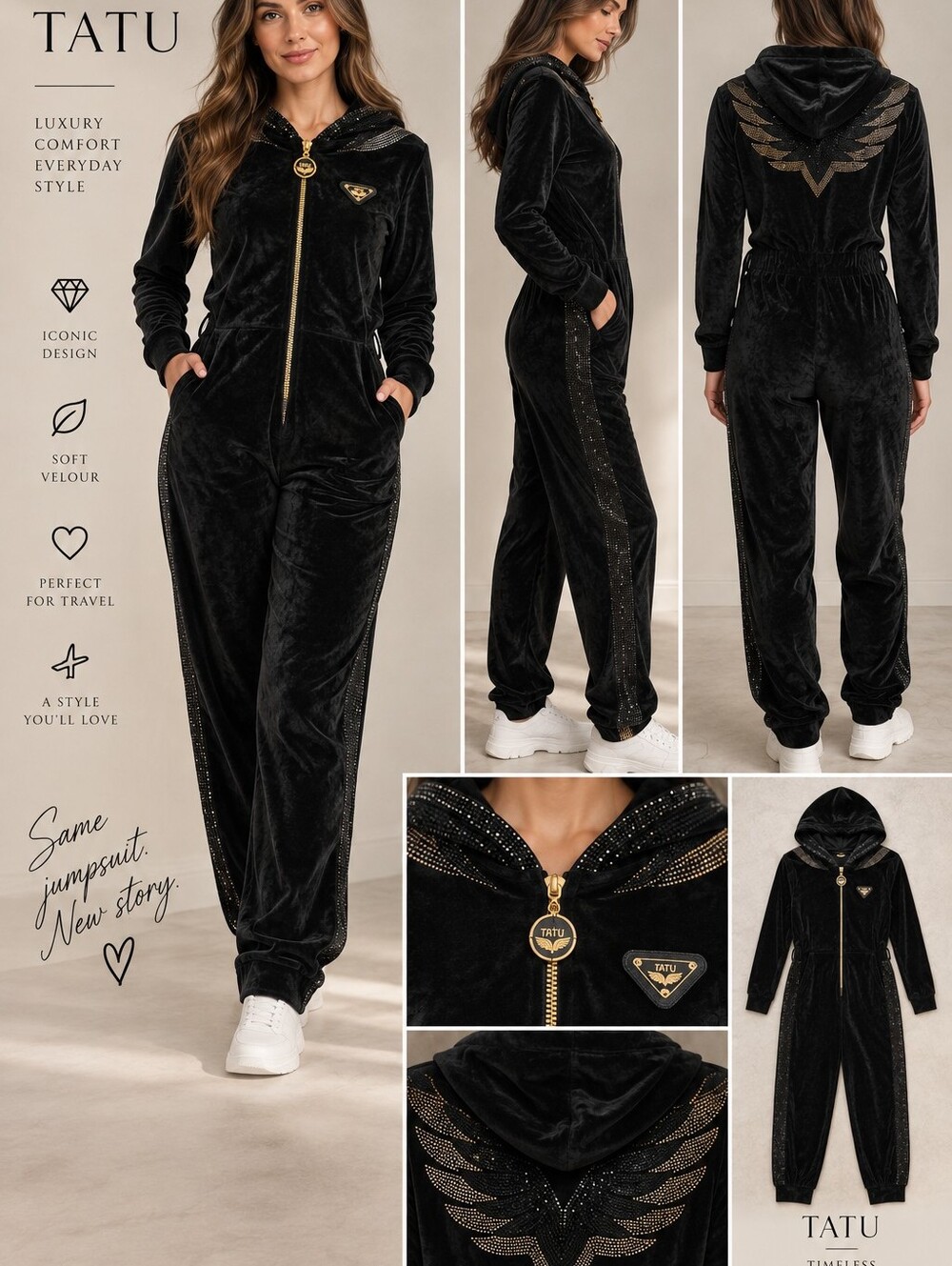 Black Velvet Hooded Jumpsuit with Gold Trim